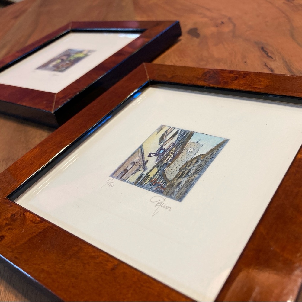 Italian Art Prints (pair) in burl wood frames-signed & numbered limited edition